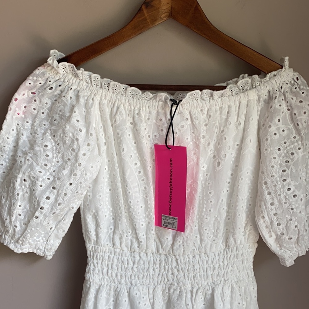 NWT BETSEY JOHNSON White Puff Sleeve Off the Shoulder Eyelet MIDI Dress XS - Picture 3 of 6
